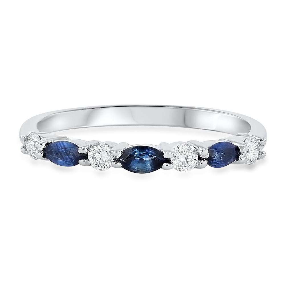 Oval cut blue sapphires weighing 0.26 carats stand out as they alternate between 0.16 carats of round brilliant cut diamonds